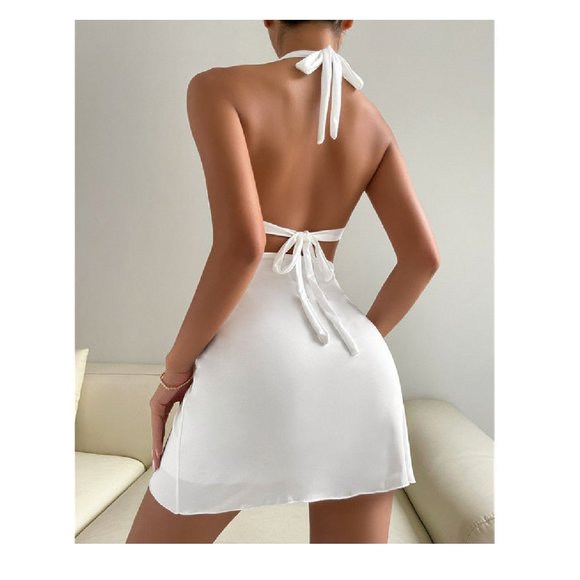 Backless Halter Neck Cut Out Dress Hollow Out Micro Mini White Cocktail Dress - Picture 3 of 5